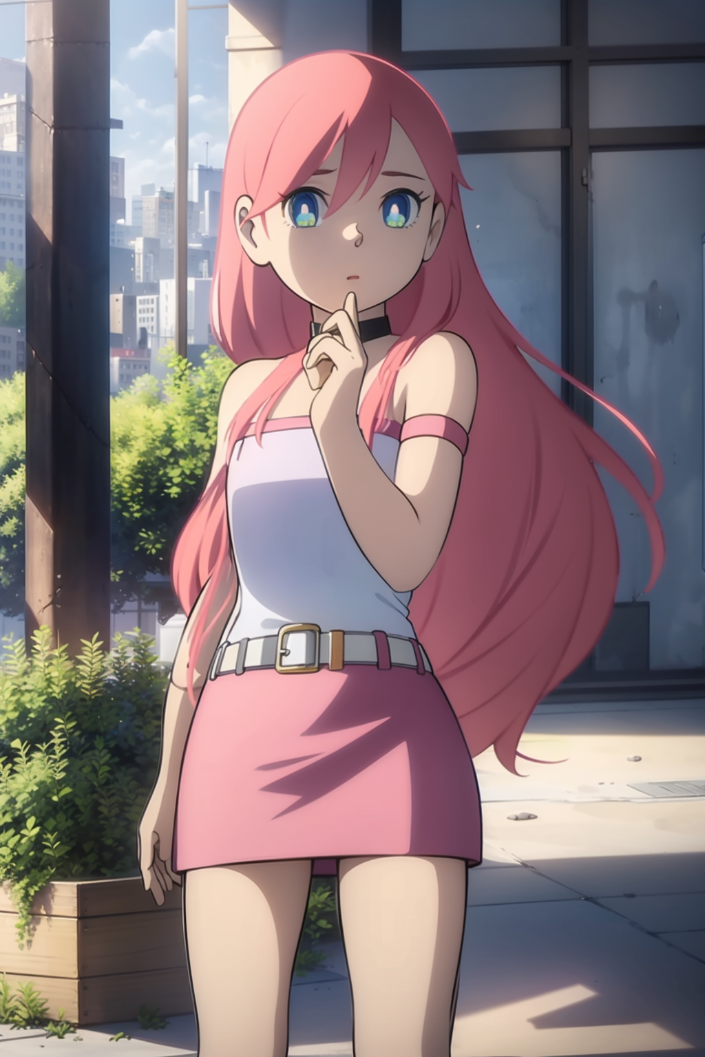 09013-3292282975-Lilulu, 1girl, solo, long hair, skirt, blue eyes, belt, pink hair, choker, outdoors, miniskirt, standing, looking at viewer, sle.png